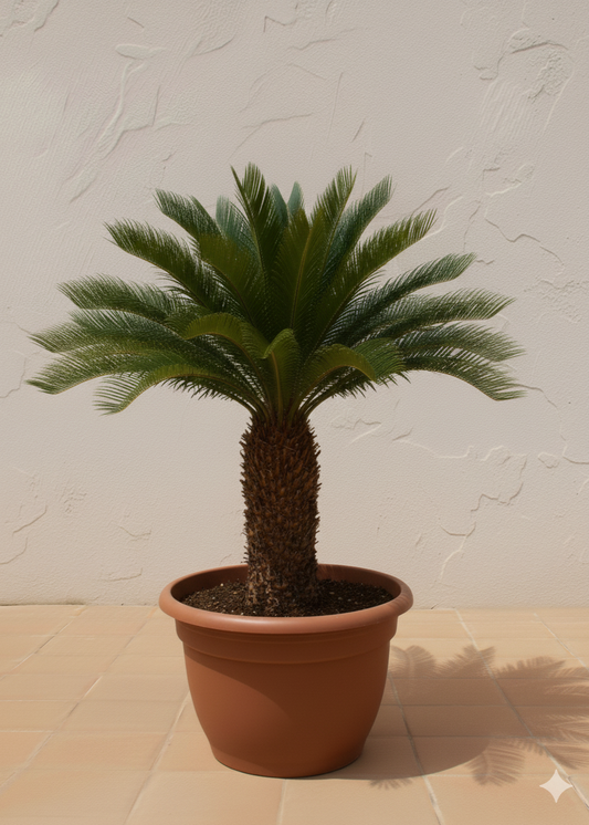 Potted palm plant on a tiled floor with a textured wall background