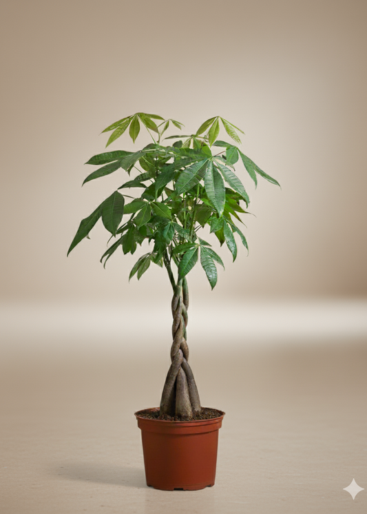 Potted plant with twisted trunk on a beige background