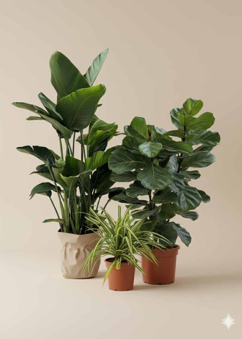 Premium Large Indoor Plant Collection - Spider Plant, Bird of Paradise & Fiddle Leaf Fig | Statement Plants Bundle
