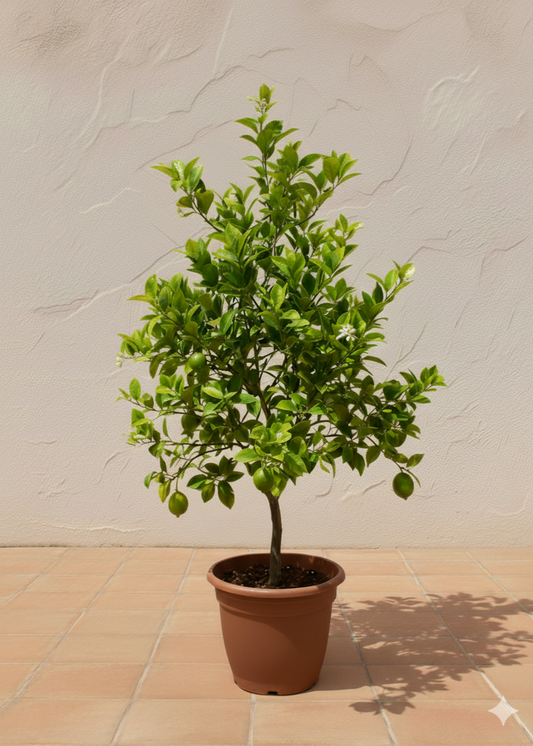 Potted plant on a tiled floor with a neutral wall background