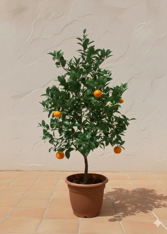 Potted citrus plant with oranges against a beige wall