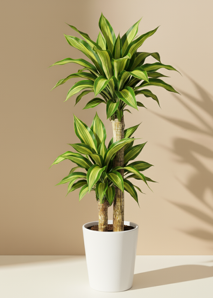 Potted plant with green leaves in a white pot on a beige background