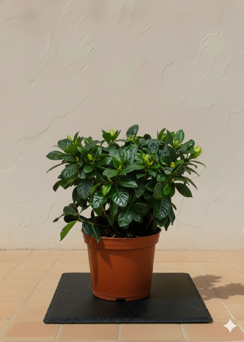 Potted plant on a black mat with a beige wall background