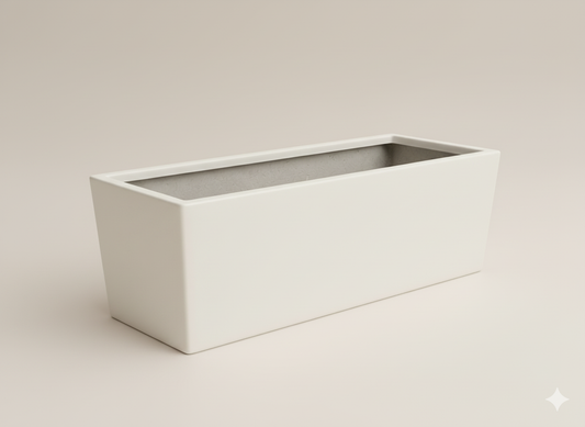 Rectangular white planter box on a beige background