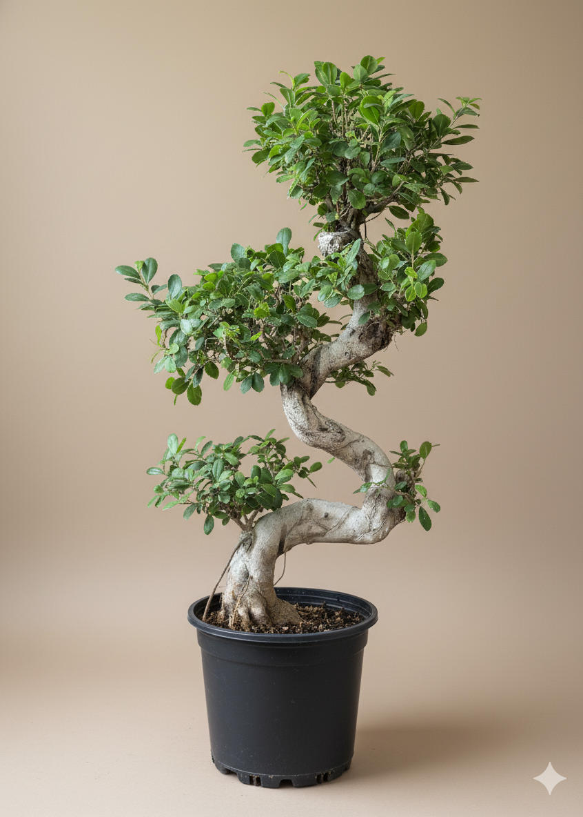 Potted bonsai tree on a beige background