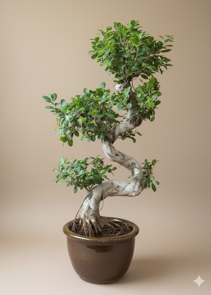 Potted bonsai tree on a beige background