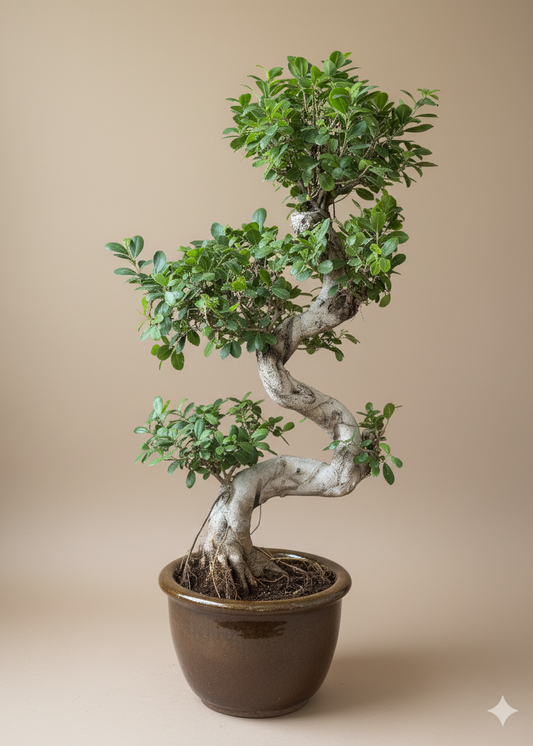 Potted bonsai tree on a beige background