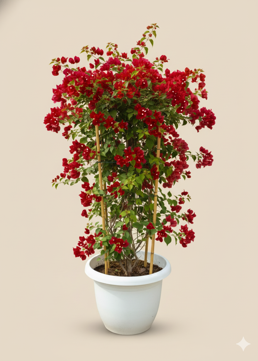 Potted plant with red flowers on a beige background