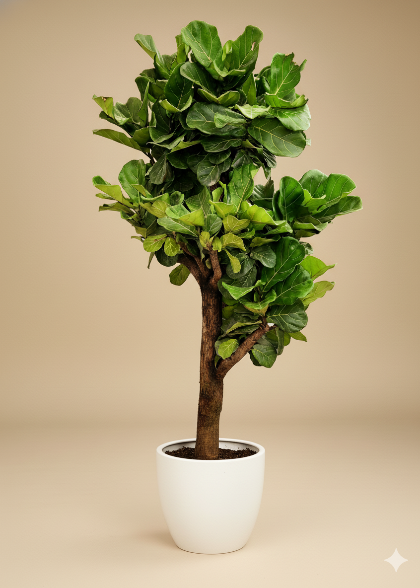 Potted fiddle leaf fig plant on a beige background