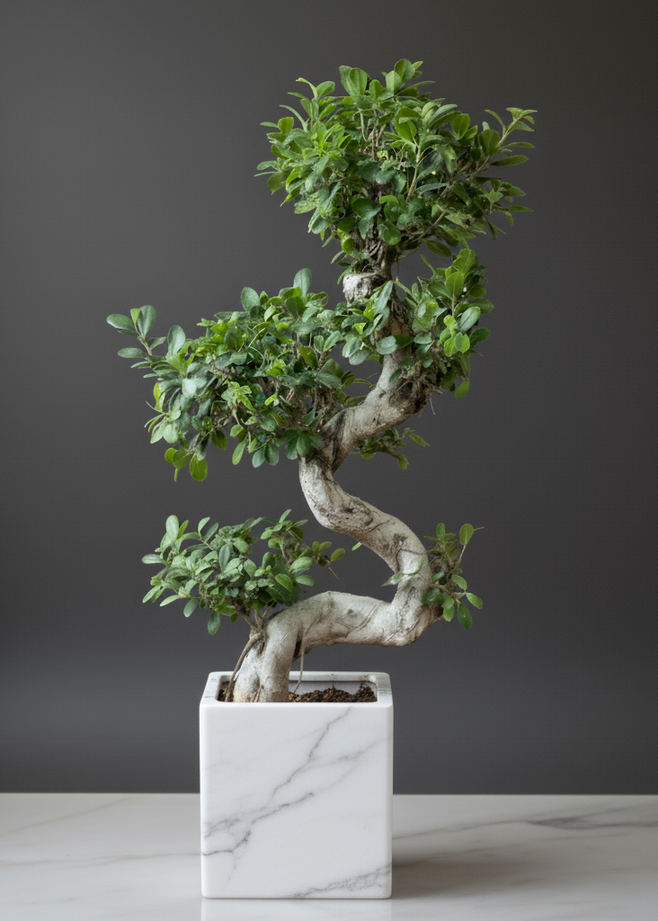 Bonsai tree in a marble pot on a gray background