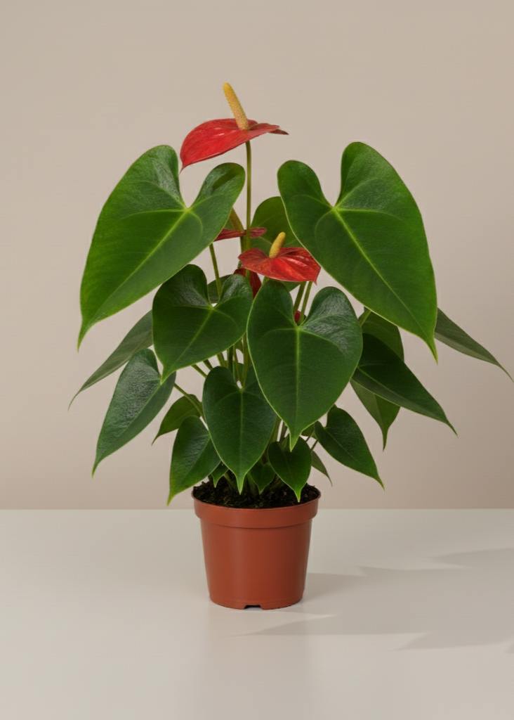 Potted plant with red flowers on a plain background