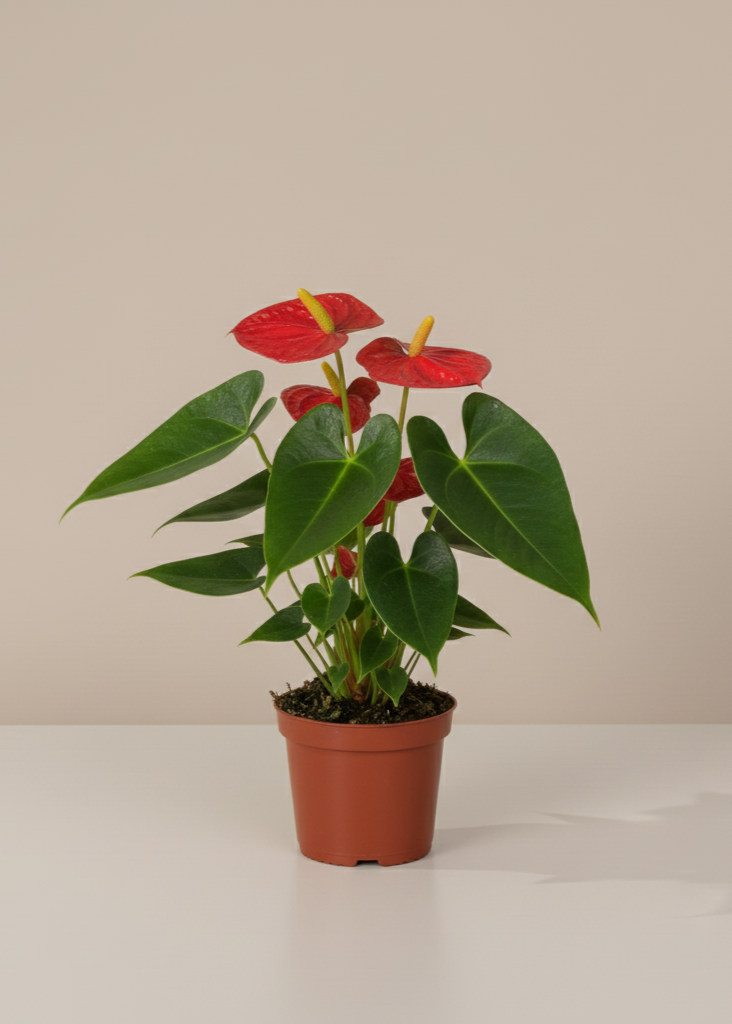 Potted plant with red flowers and green leaves on a plain background