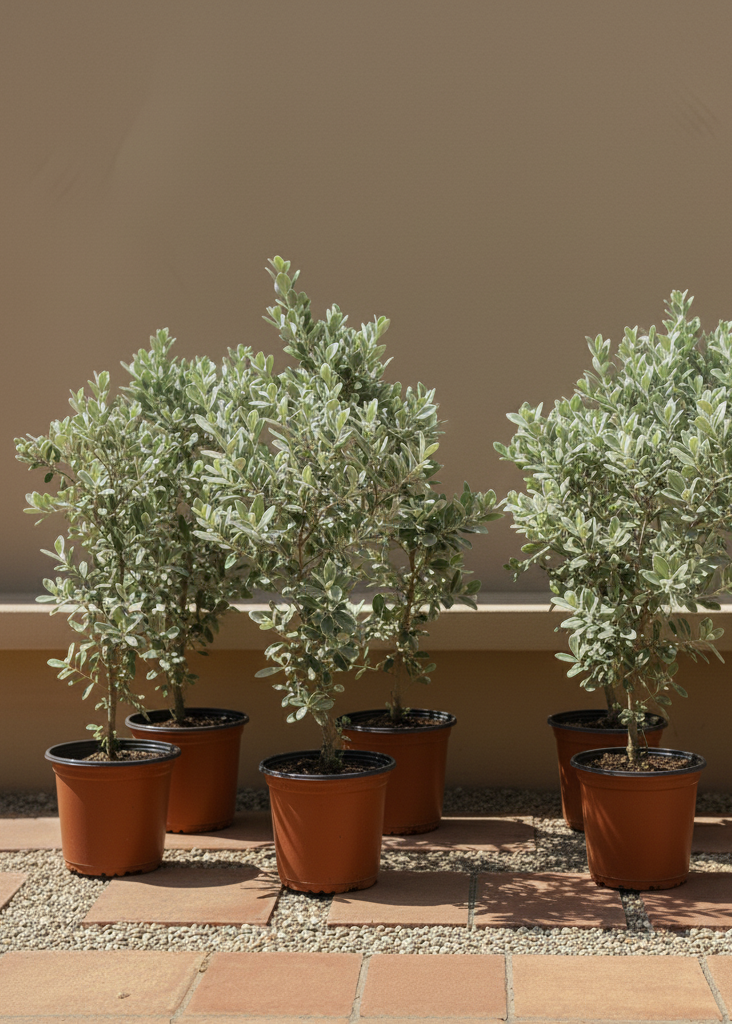 Row of potted plants in front of a beige wall