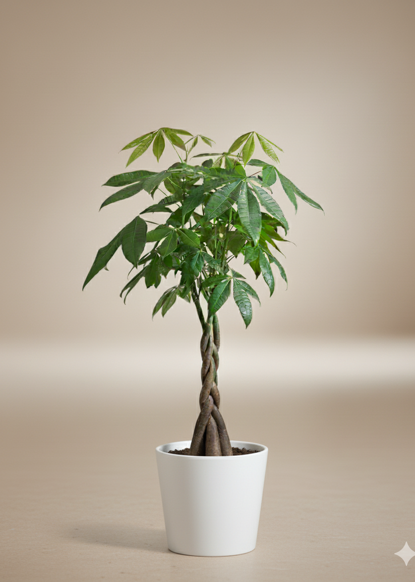 Potted plant with twisted trunk on a beige background