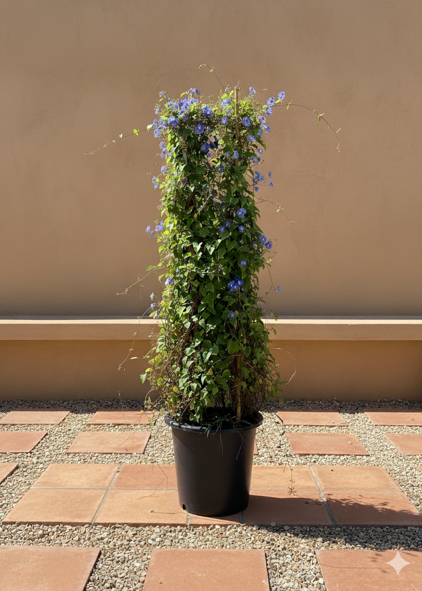 Potted plant with green leaves and blue flowers on a stone patio.