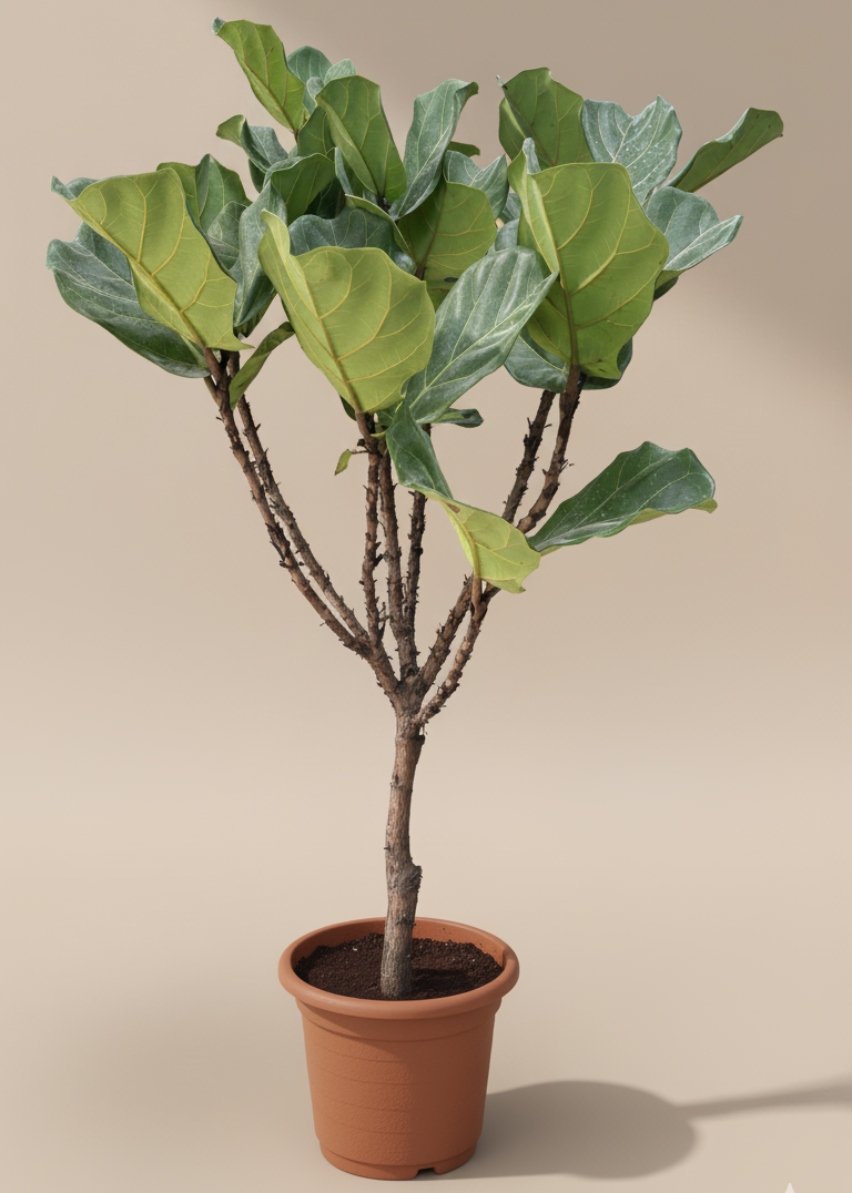 Potted plant with large green leaves on a beige background
