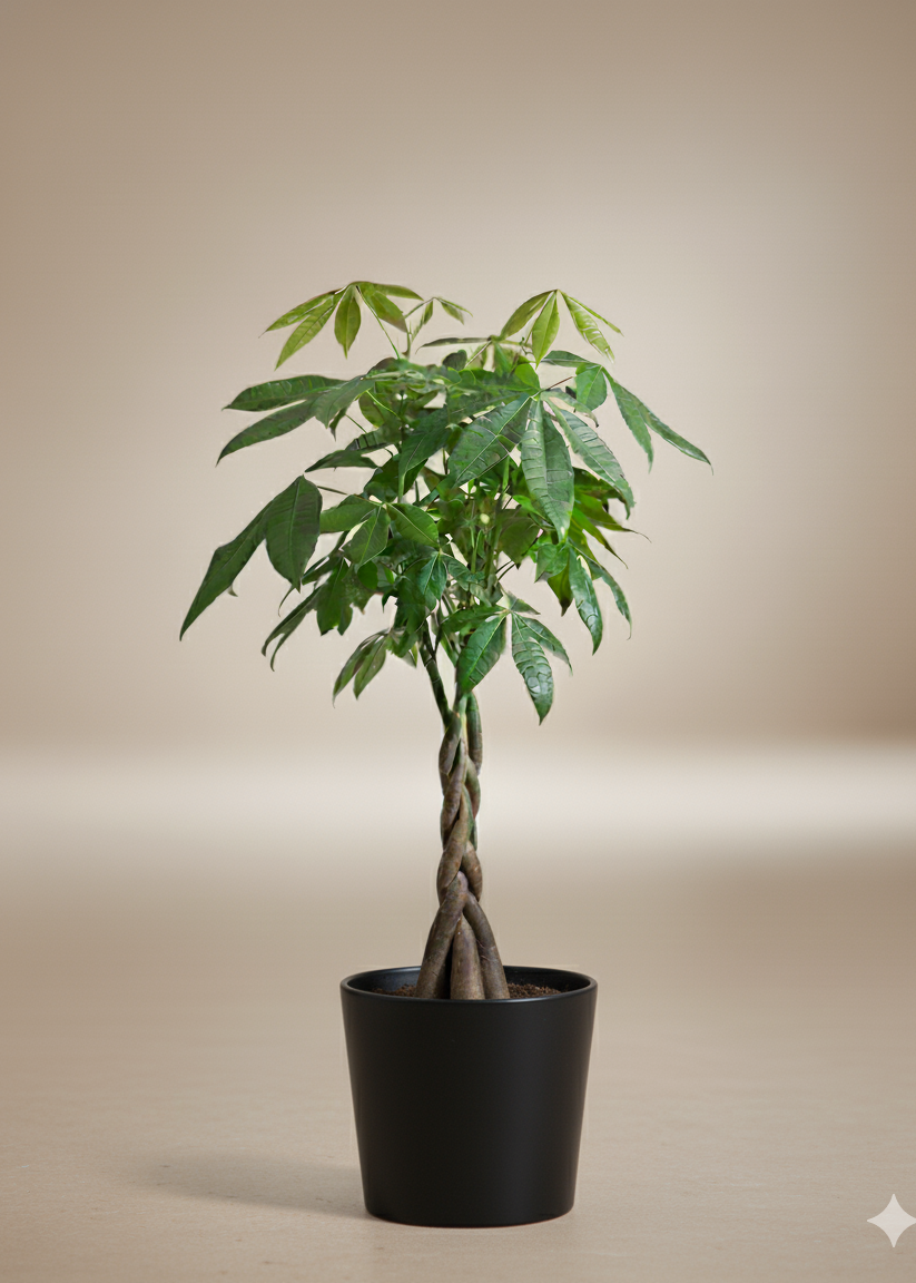 Potted plant with twisted trunk on a beige background