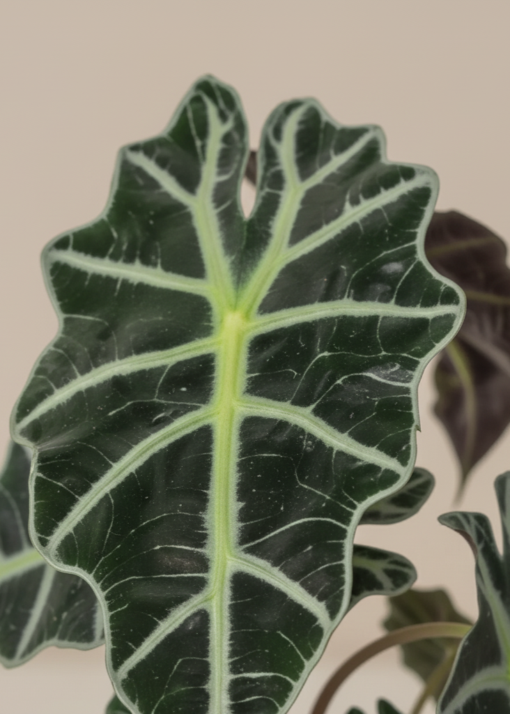 Close-up of a dark green leaf with light green veins against a neutral background