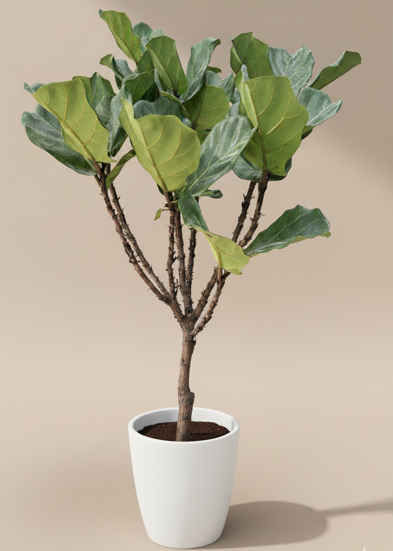Potted plant with large green leaves on a beige background