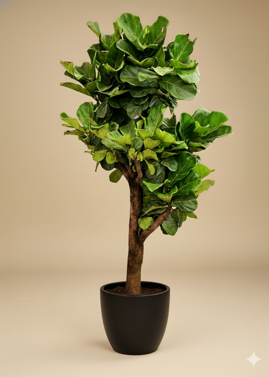 Potted fiddle leaf fig plant on a beige background