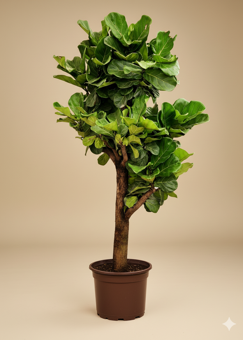 Potted fiddle leaf fig plant on a beige background