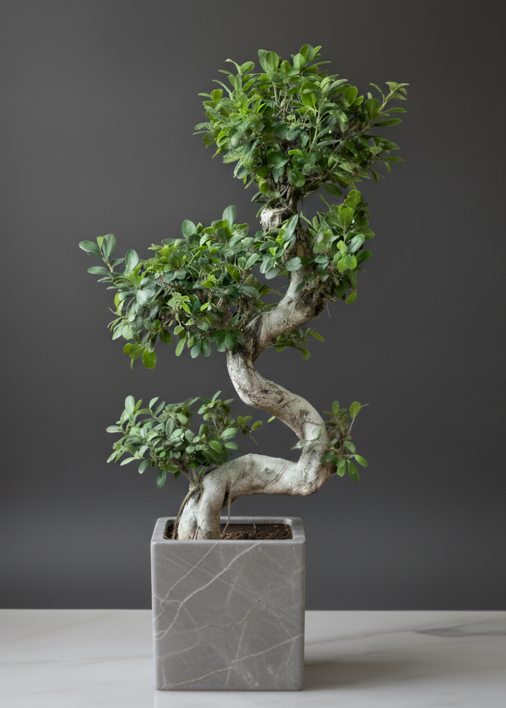Bonsai tree in a gray pot on a neutral background