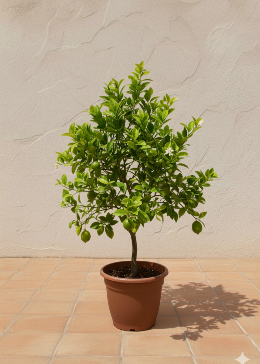 Potted plant on a tiled floor with a light gray wall background