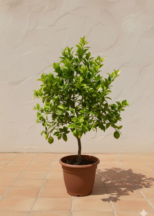 Potted plant on a tiled floor with a light gray wall background