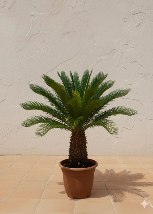 Potted palm tree on a tiled floor with a light gray wall background